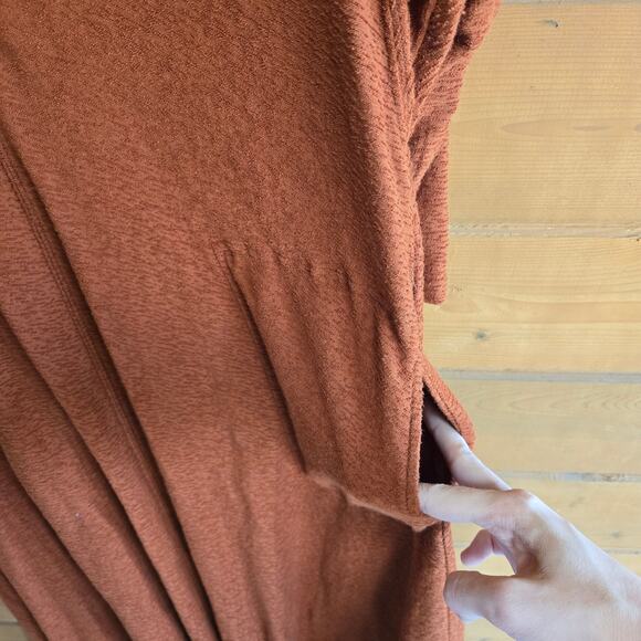 Free People Beach Terracotta Vneck Textured Pocket Midi Dress XS NWT Boho Flowy - Picture 3 of 4